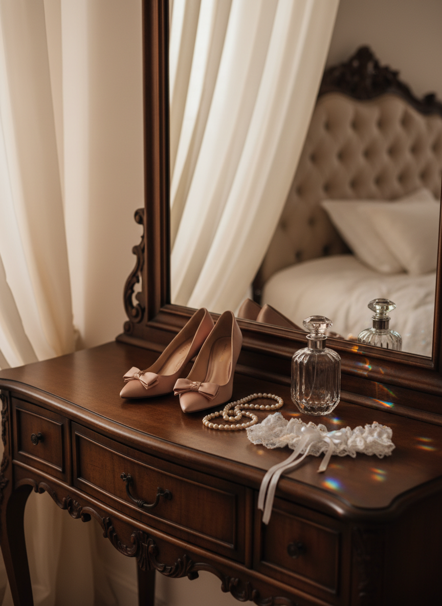 An ornate antique vanity table in dark polished wood, its surface arranged with a pair of satin heels, a pearl necklace, a delicate lace garter, and a crystal perfume bottle catching tiny prisms of light. The vanity mirror reflects only soft, out-of-focus drapery and a tufted headboard, maintaining complete privacy. Warm studio lighting from one side creates gentle contrast, emphasizing textures of satin, pearls, and carved wood. Photographic realism, captured from a slightly angled perspective with rule-of-thirds composition, evokes an atmosphere of refined anticipation and quiet luxury in a German boutique boudoir studio.
