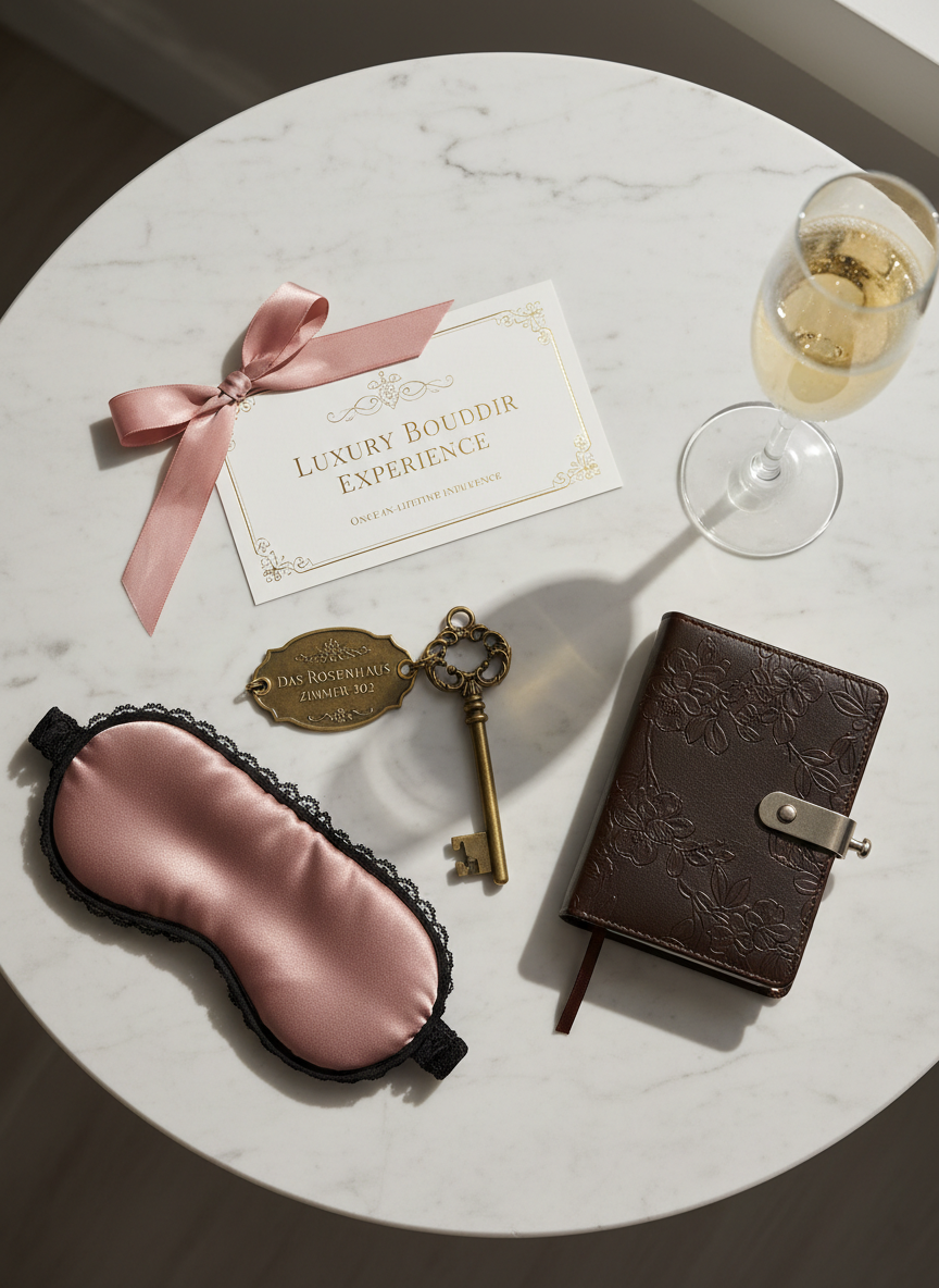 A refined flat-lay arrangement on a marble-topped side table: an engraved brass room key labeled with a boutique German hotel name, a lace-trimmed silk eye mask in dusty rose, a small leather-bound journal, and a neatly tied ribbon around a printed "Luxury Boudoir Experience" voucher. A glass of chilled champagne with tiny rising bubbles stands at the edge of the frame. Soft, diffused studio lighting washes across the scene, producing gentle shadows and highlighting the tactile qualities of metal, silk, and paper. Photographic realism with overhead composition creates a polished, editorial feel that conveys exclusivity, anticipation, and the once-in-a-lifetime nature of the boudoir experience.