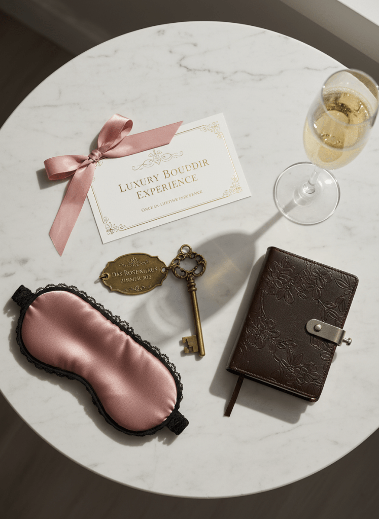 A refined flat-lay arrangement on a marble-topped side table: an engraved brass room key labeled with a boutique German hotel name, a lace-trimmed silk eye mask in dusty rose, a small leather-bound journal, and a neatly tied ribbon around a printed "Luxury Boudoir Experience" voucher. A glass of chilled champagne with tiny rising bubbles stands at the edge of the frame. Soft, diffused studio lighting washes across the scene, producing gentle shadows and highlighting the tactile qualities of metal, silk, and paper. Photographic realism with overhead composition creates a polished, editorial feel that conveys exclusivity, anticipation, and the once-in-a-lifetime nature of the boudoir experience.