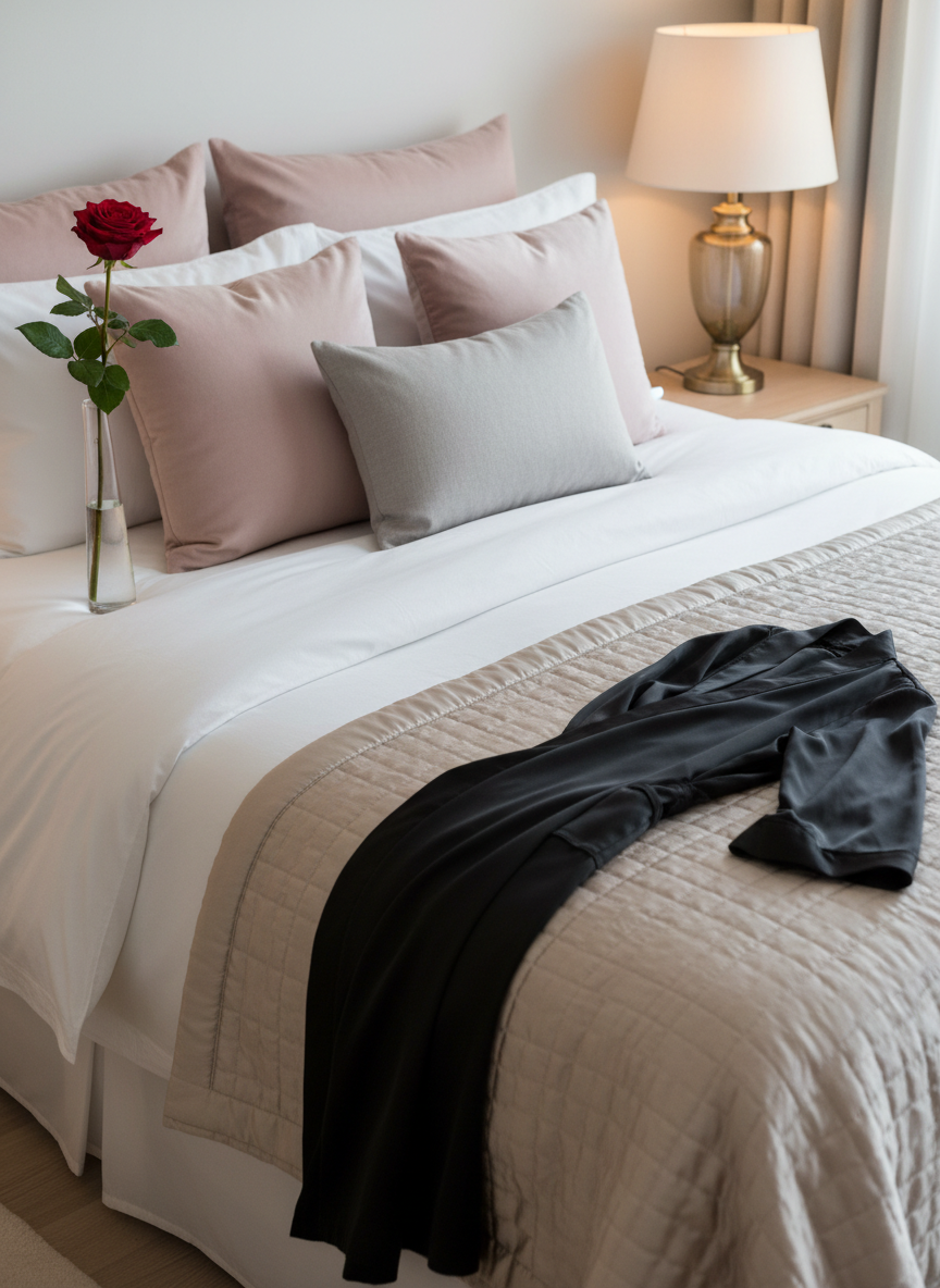 A meticulously made bed featuring high-thread-count white linens, a quilted champagne-colored throw, and a cluster of plush pillows in muted blush and dove-grey tones. A black silk robe lies artfully across the edge of the bed, its fabric catching subtle highlights that reveal its smooth texture. In the background, a minimalist bedside table holds a single long-stemmed rose in a slim glass vase and a vintage-style lamp with a warm glow. Natural window light combines with the lamp’s soft illumination to create a cozy, indulgent atmosphere. Photographic, clean composition with a slightly elevated angle reinforces the sophisticated, luxury boudoir aesthetic.