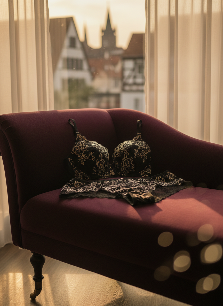 A luxurious black lace lingerie set draped elegantly across a velvety deep-plum chaise longue, the delicate floral patterns and scalloped edges in sharp, photographic detail. The chaise stands in front of tall, sheer curtains that reveal only the soft outline of a historic German cityscape beyond. Golden hour light filters through the curtains, wrapping the scene in a warm, diffused glow and casting intricate lace shadows on the upholstery. Shot at eye level with a shallow depth of field, the background melts into creamy bokeh, creating an intimate, sophisticated mood that suggests a private, once-in-a-lifetime boudoir experience without showing any people.