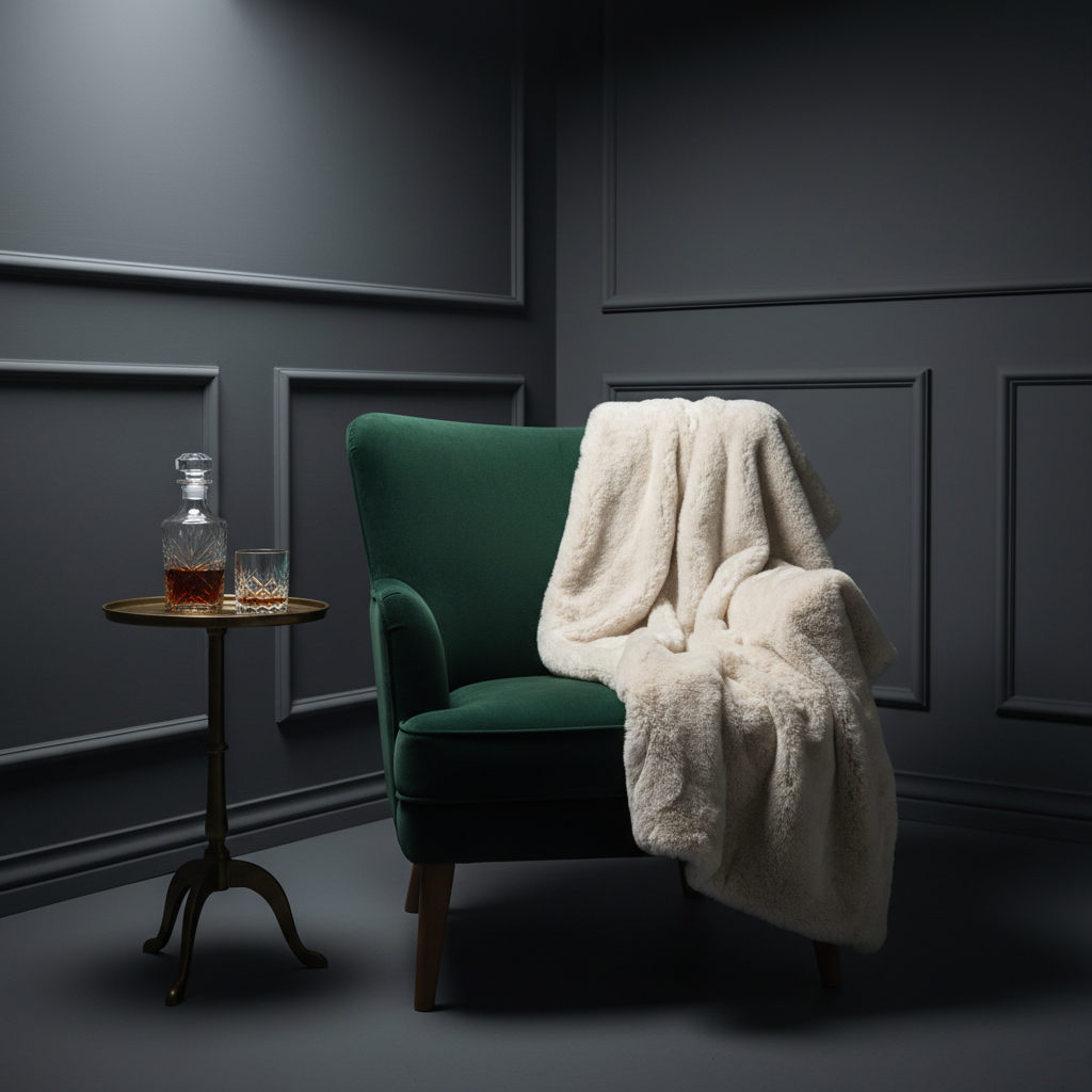 A richly textured corner of a boudoir studio featuring a deep emerald velvet armchair with graceful curves, a faux fur throw in soft ivory cascading over one side, and a small side table holding an ornate crystal decanter and tumbler. Behind, a dark, matte-painted wall with classic molding adds depth and European elegance. A single spotlight with a softbox from above and to the side carves out velvety shadows and luminous highlights, emphasizing the luxurious fabrics and reflective glass. Captured with photographic realism from a three-quarter angle, the composition uses negative space and shallow depth of field to create a moody, sophisticated atmosphere ideal for a high-end German boudoir brand.